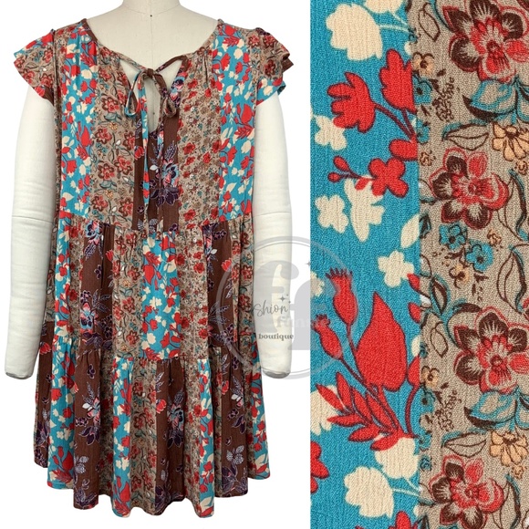 Blue B Patchwork Flutter Sleeve Floral Print Short Tiered Mini Swing Tunic Dress - Picture 15 of 15